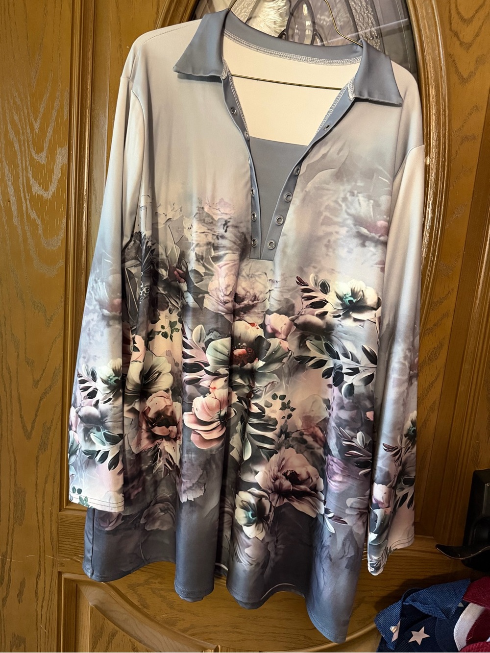 Floral V-Neck Long Sleeve Women's Top - Soft Gray and Pastel Floral